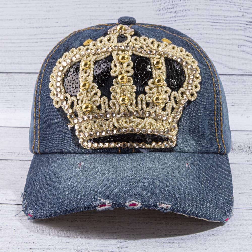 Sequin Crown Rhinestone Distressed Denim Baseball Cap