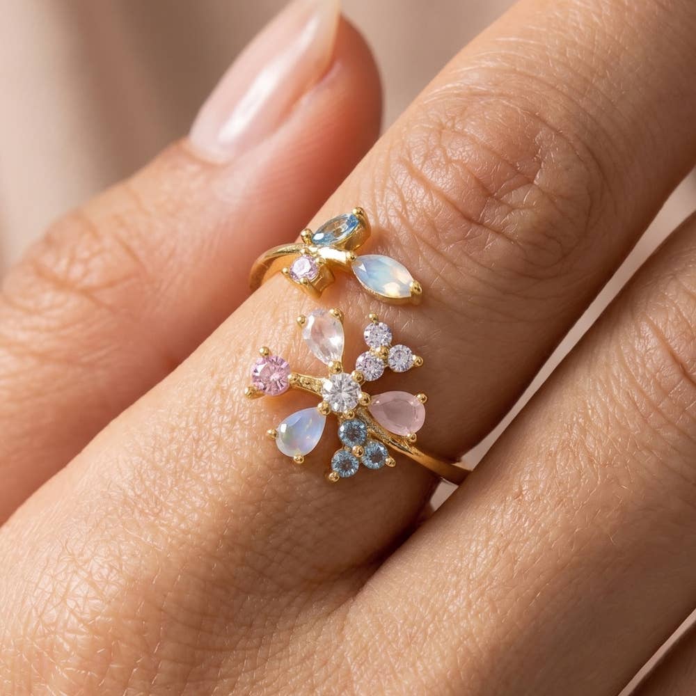 Gold Dipped Cz Multicolor Pastel Floral Ring