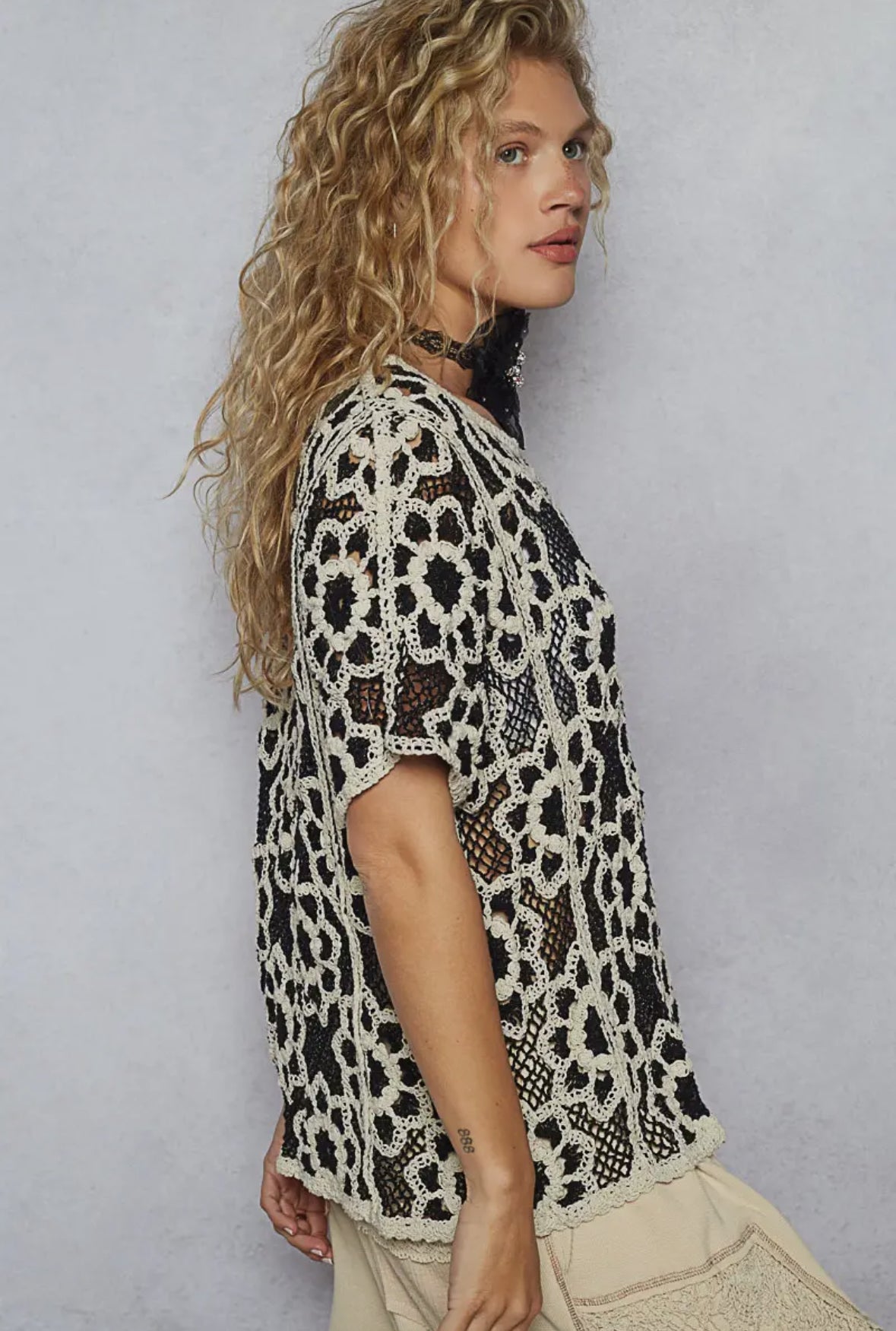 Florence Round Neck Short Sleeve Crochet Knit Top