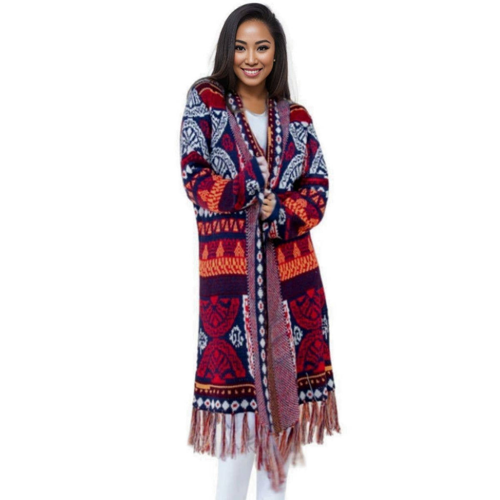 Navy and Red Aztec Print Long Sleeve Cardigan Sweater