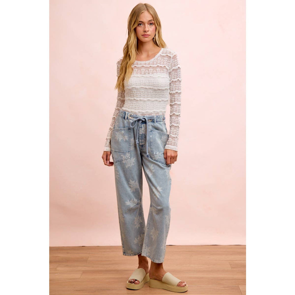 ROSE PRINTED WASHED DENIM PANTS WITH WAIST BELT