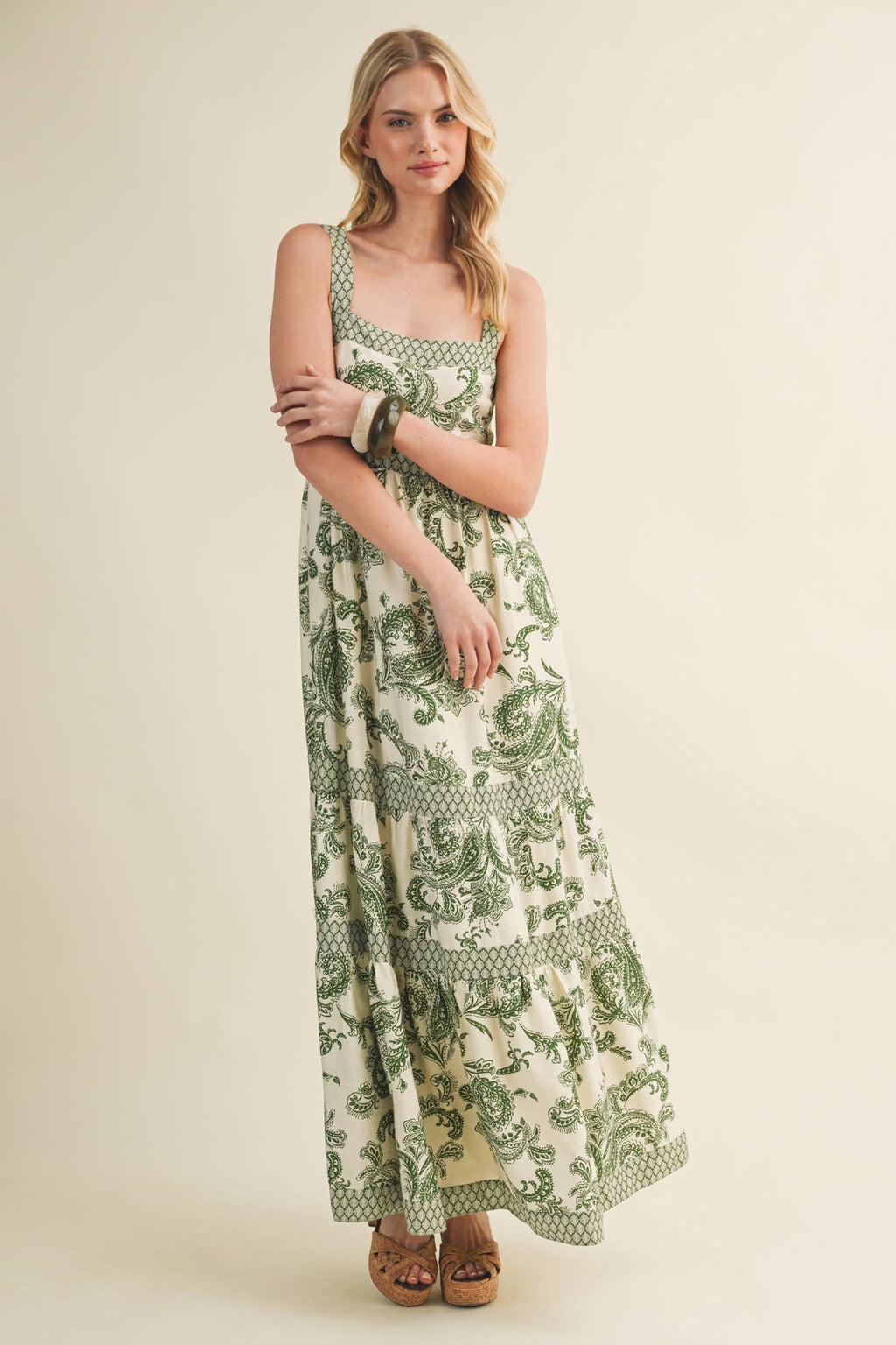 Banded Paisley Print Tiered Maxi Dress