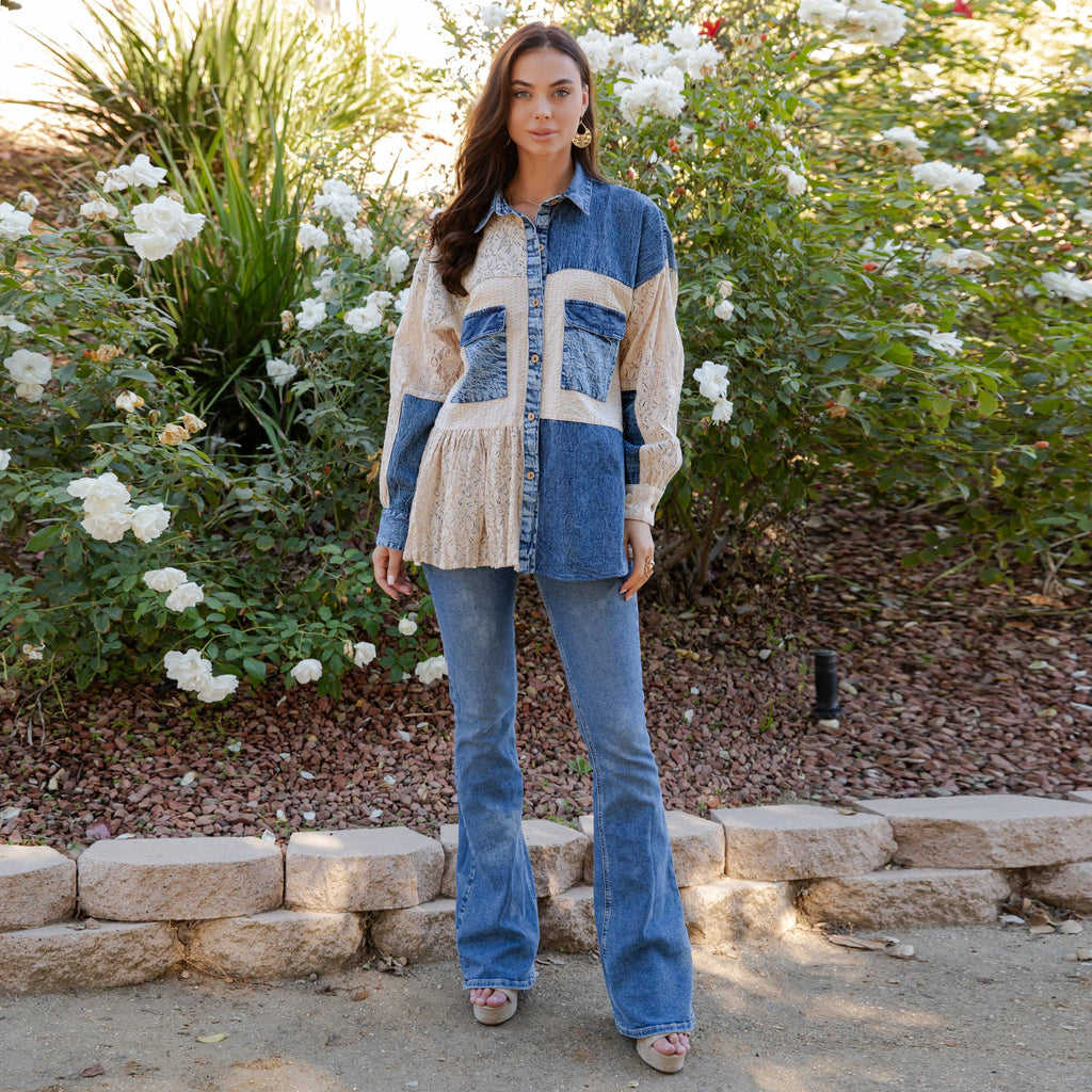 Boho Spliced Denim and Lace Spring Summer Shirt Jacket