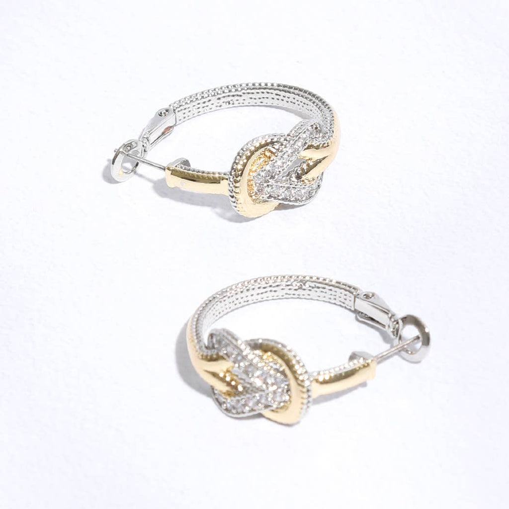 Two-Toned CZ Pave Knotted Huggie Hoop Earrings