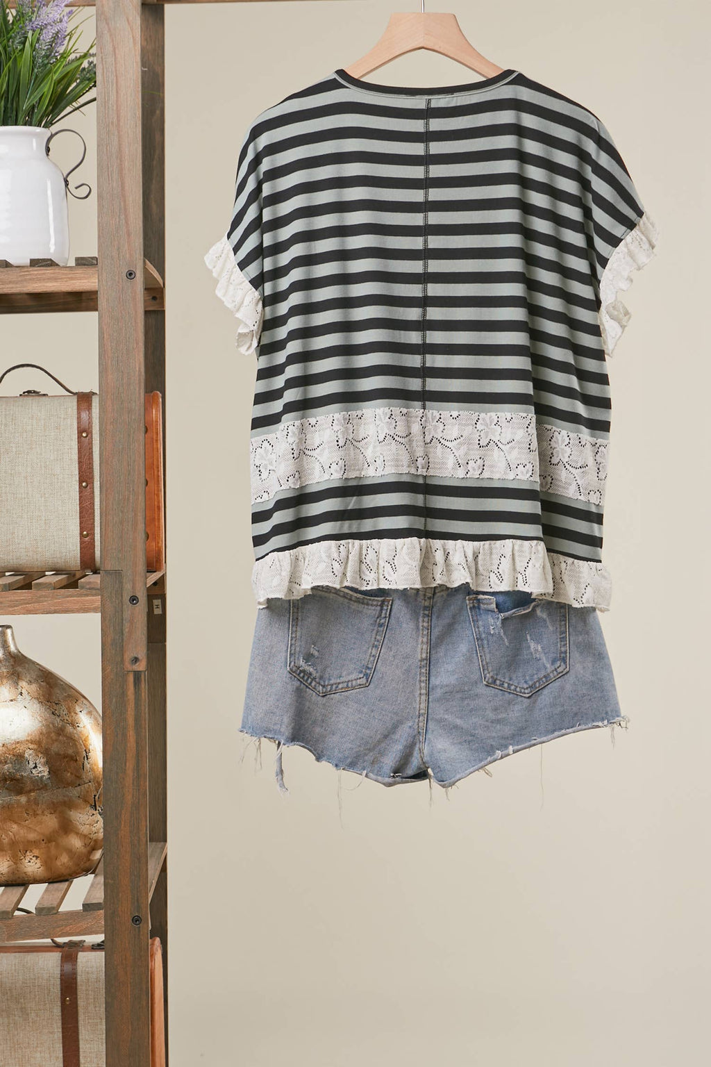 Striped Lace Trim Relaxed Top