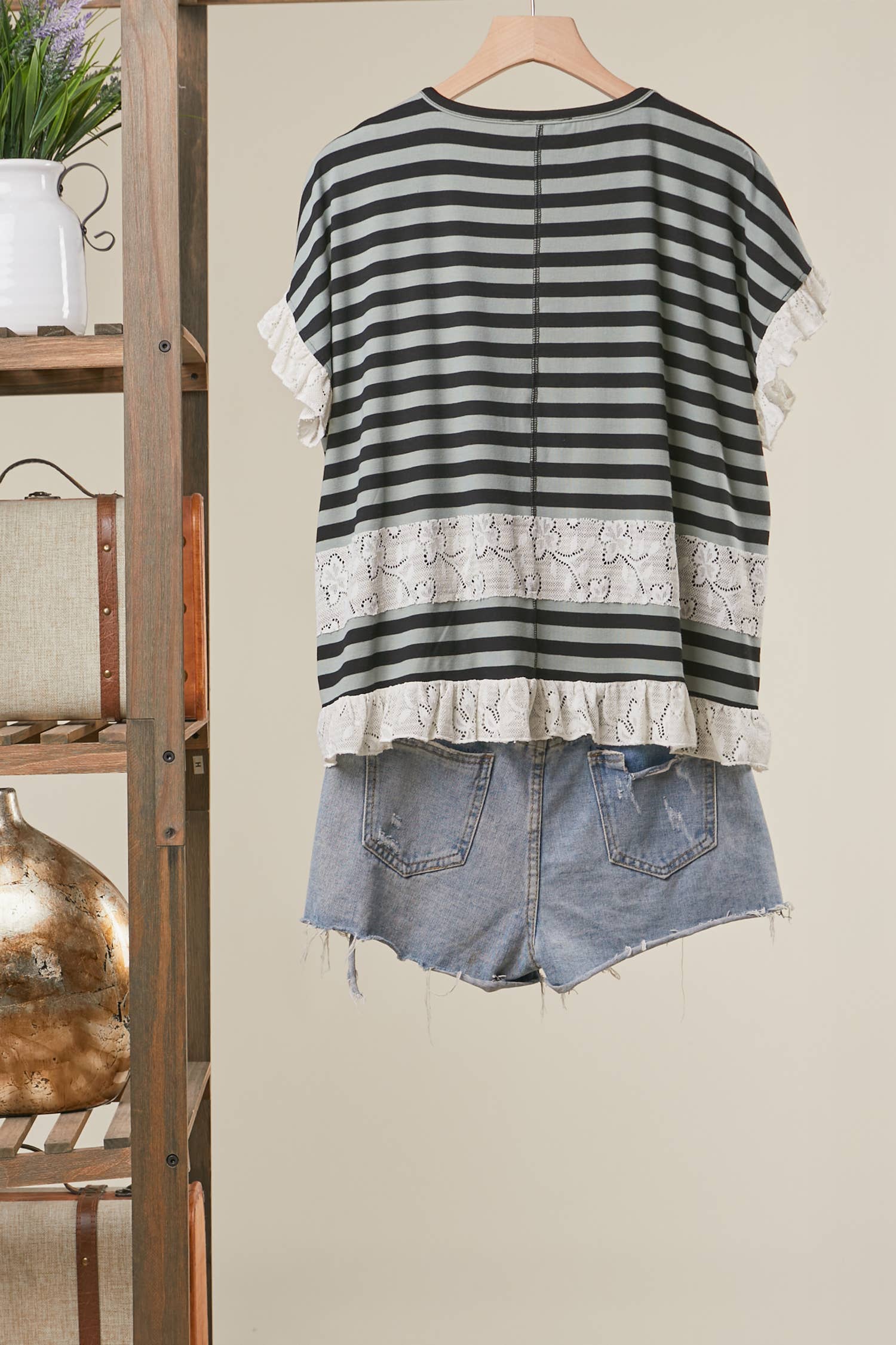 Striped Lace Trim Relaxed Top