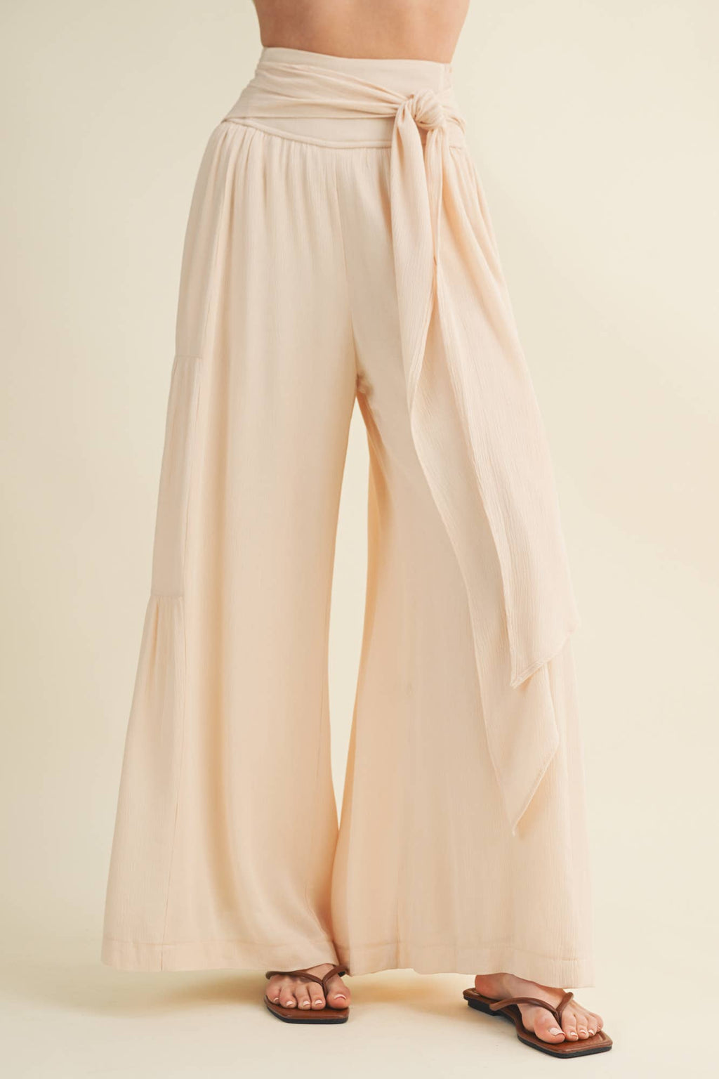 Smocked Tie-Waist Tiered Palazzo Pant