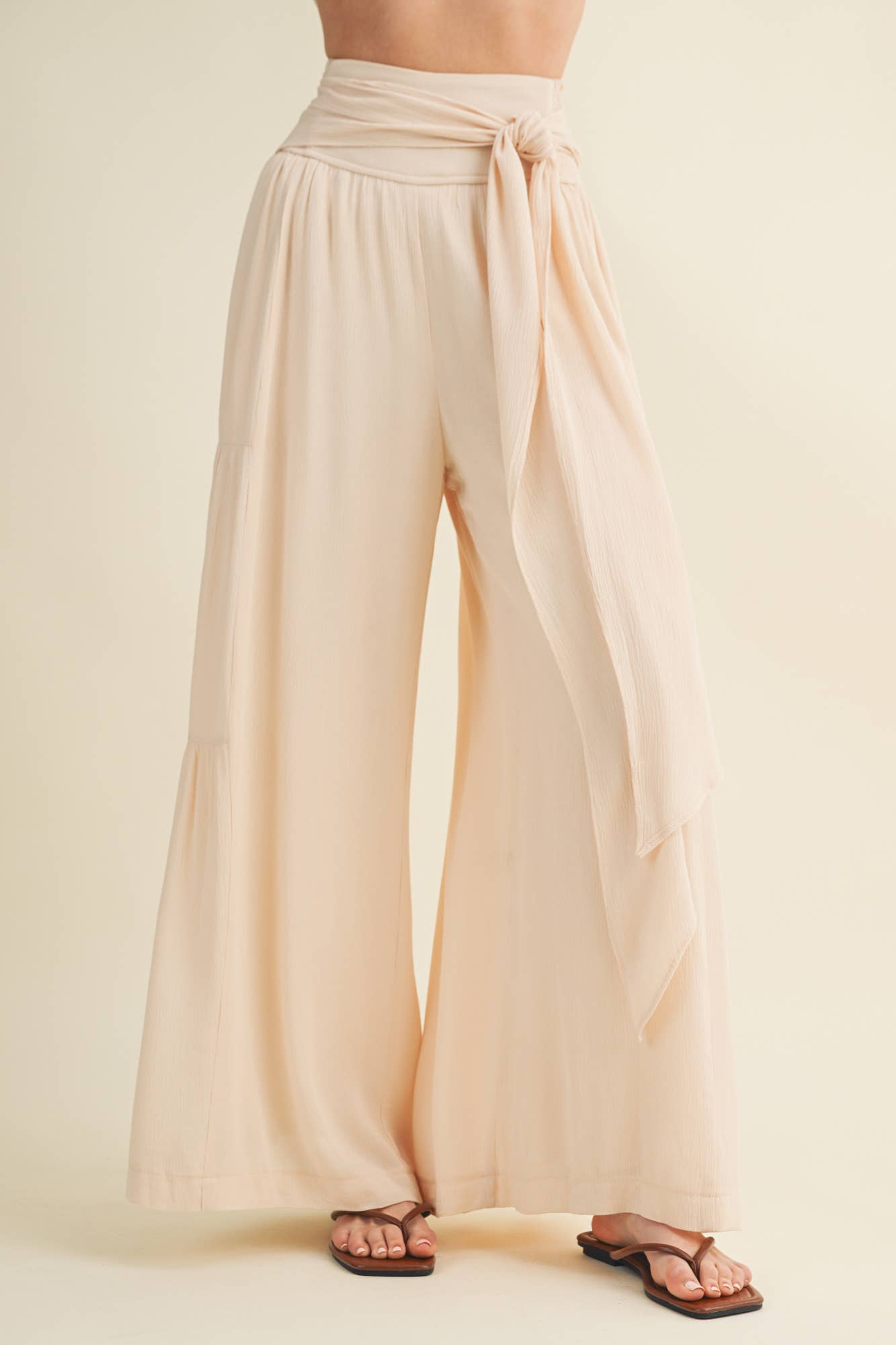 Smocked Tie-Waist Tiered Palazzo Pant