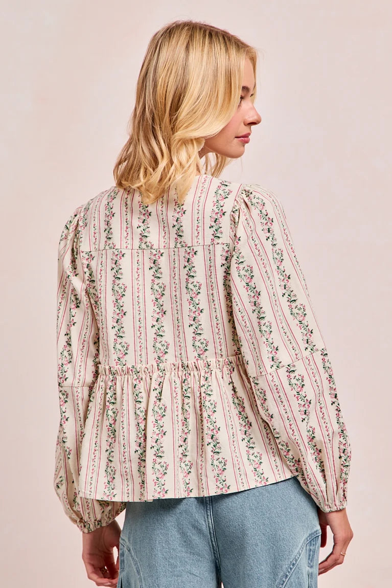 Knissa Floral Tie Balloon Sleeve Top