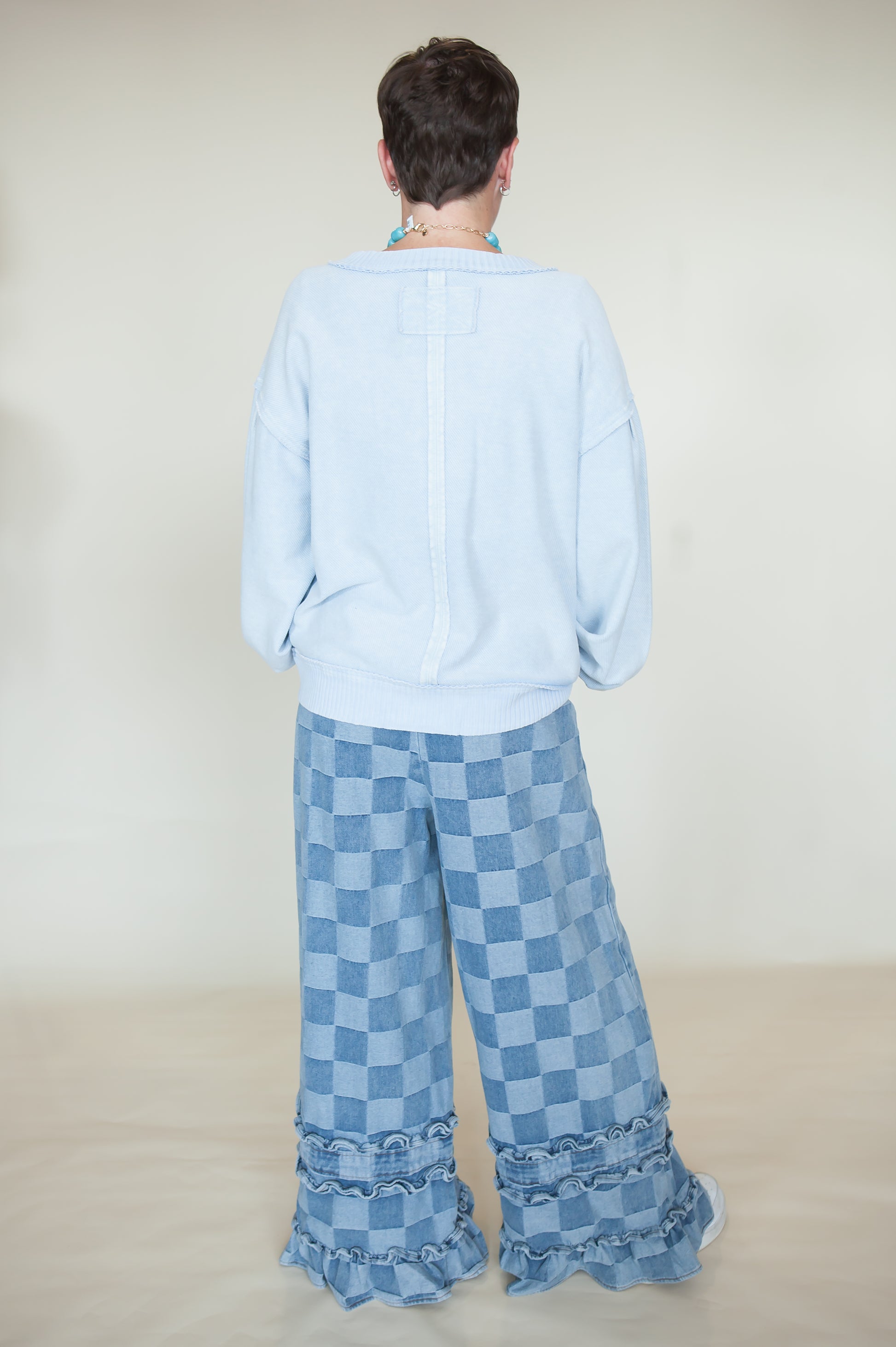 Stevie Checkered Ruffle Wide Leg Jeans