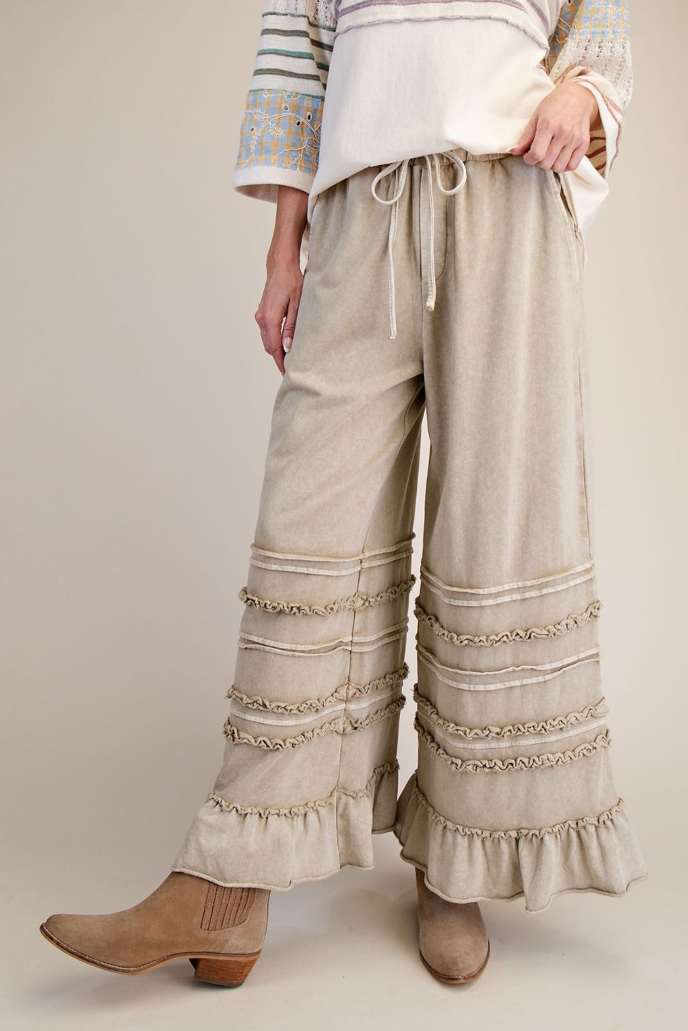 Easel Washed Terry Tiered Ruffle Wide Leg Pants