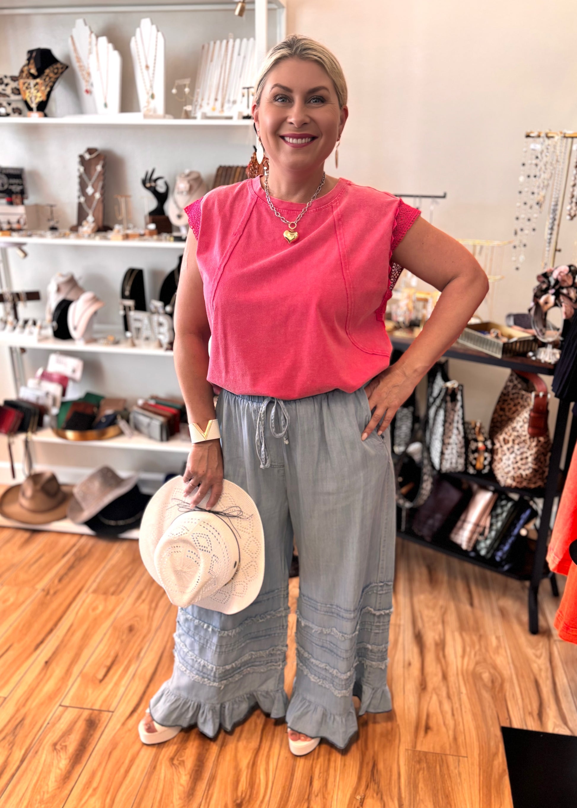 Joy by BiBi Crochet Trimmed Top in Fuchsia