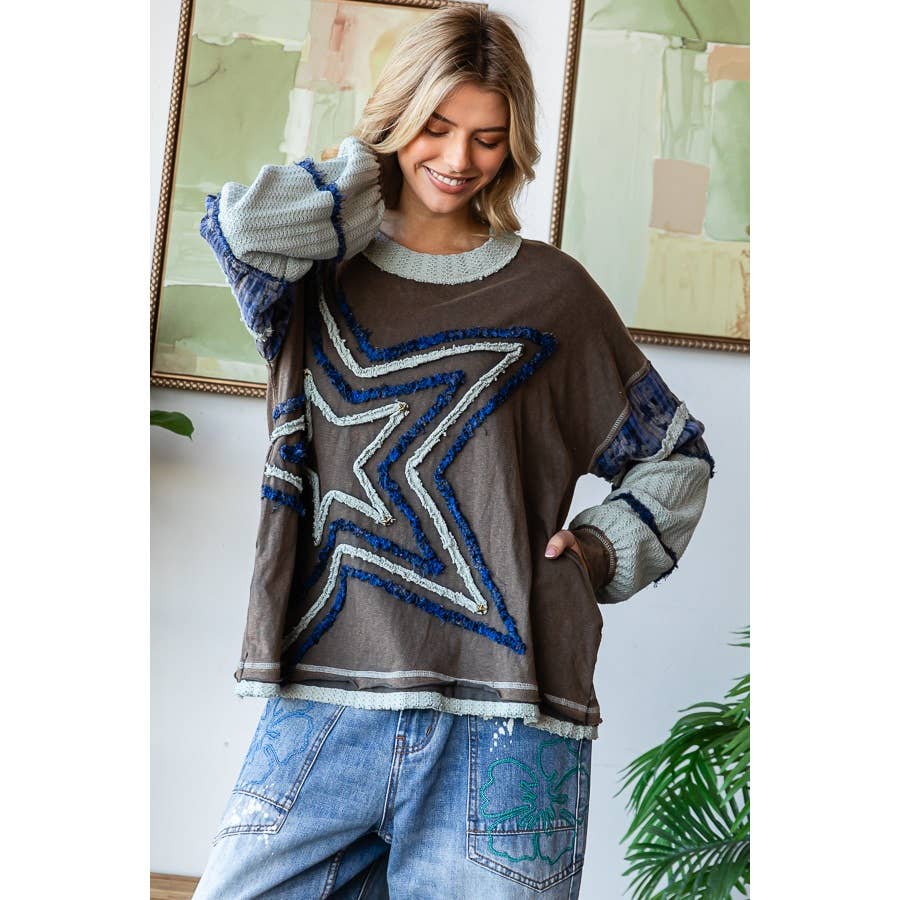 WASHED STAR PATCHWORK LONG SLEEVE KNIT TOP