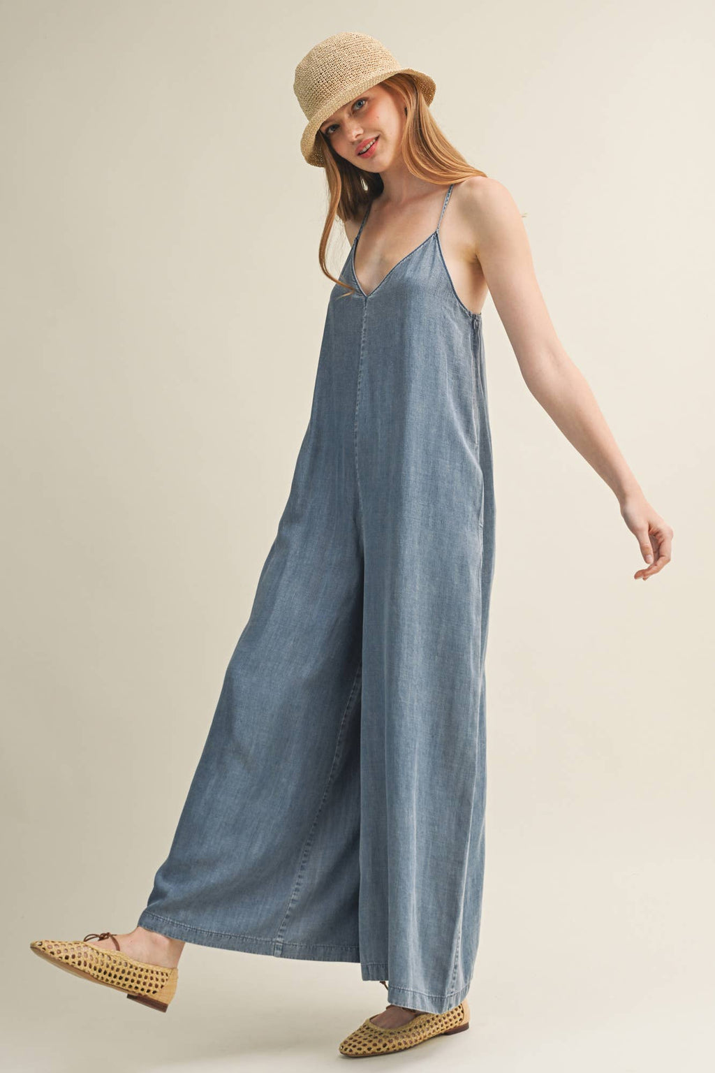 V-Neck Cami Washed Wide-Leg Jumpsuit