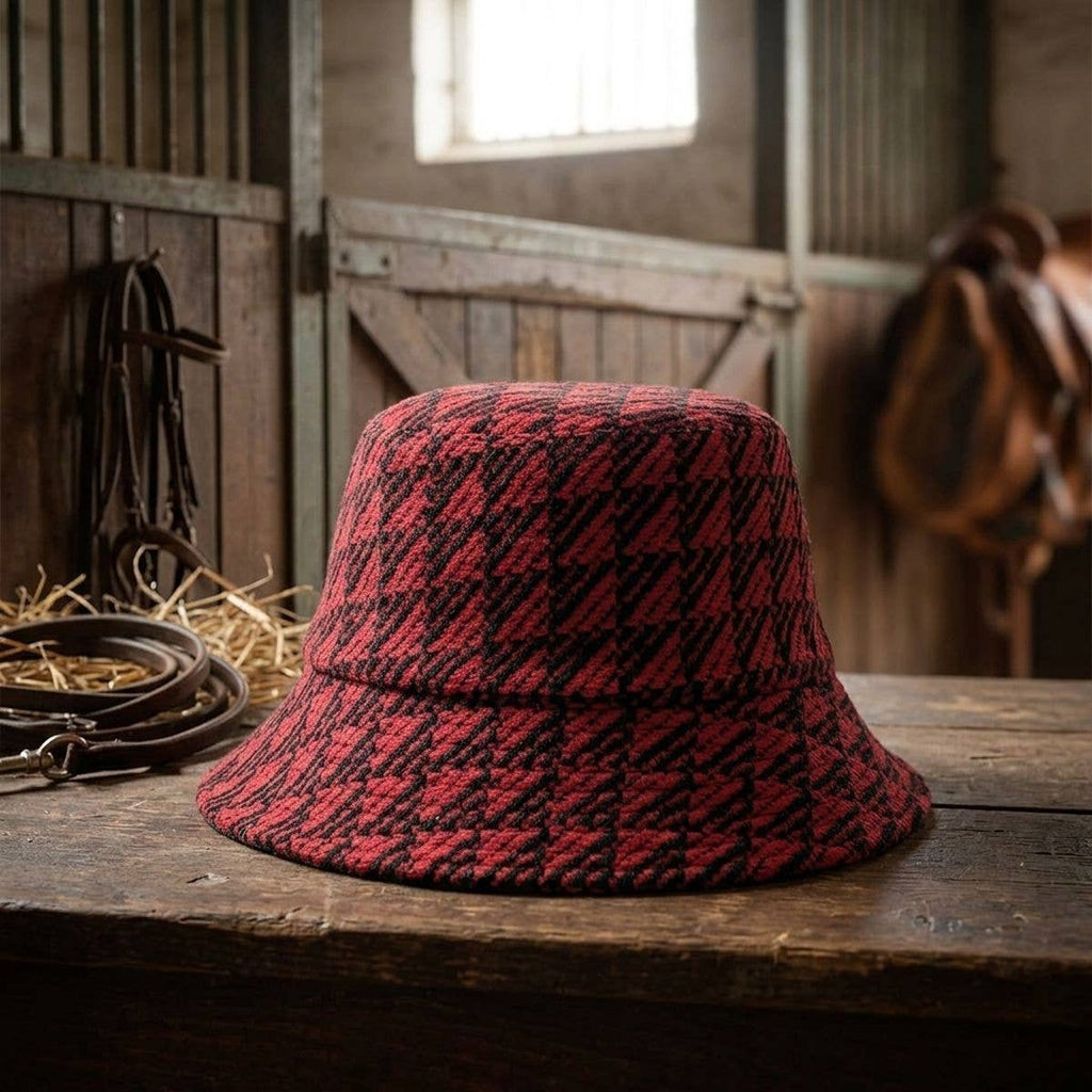 Red Geo Pattern Topstitch Bucket Hat
