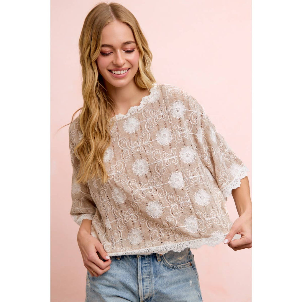 Flower Embroidery and Lace Boho Casual Short Sleeve Top