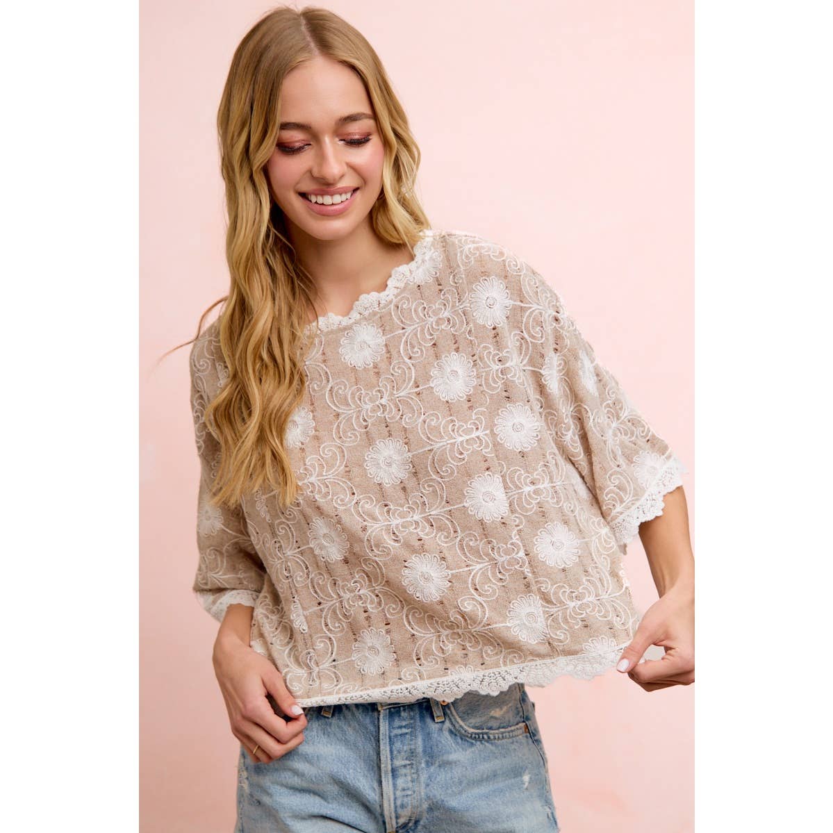 Flower Embroidery and Lace Boho Casual Short Sleeve Top