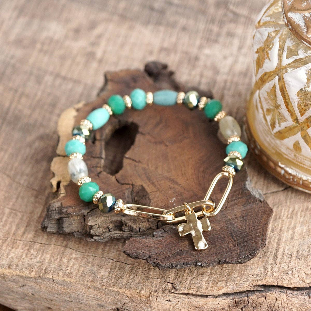 Beaded Cross Charm and Chain Bracelet - Azure Faith