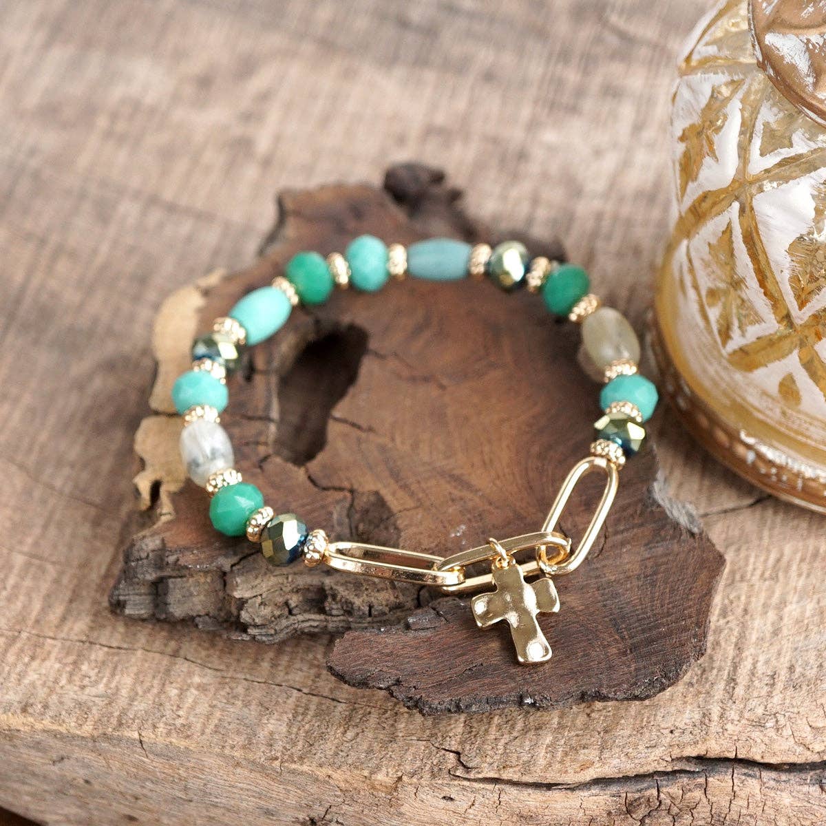 Beaded Cross Charm and Chain Bracelet - Azure Faith