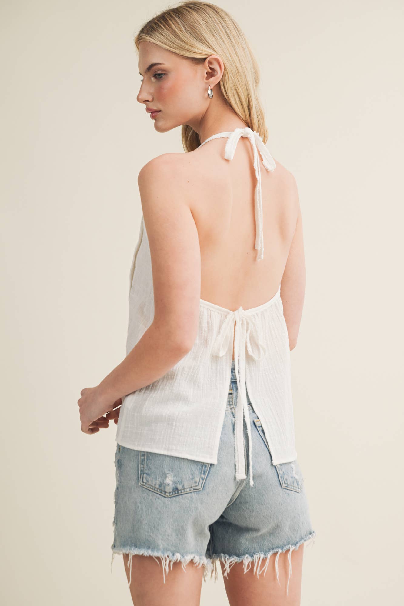 Textured Pintuck Tie-Back Halter Top
