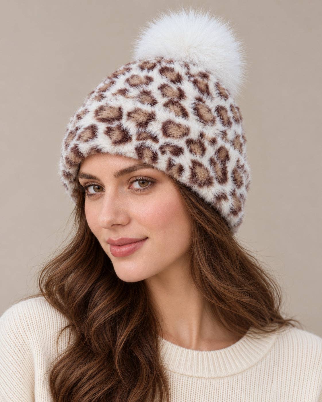 Sabine Fuzzy Leopard Pom-Pom Beanie