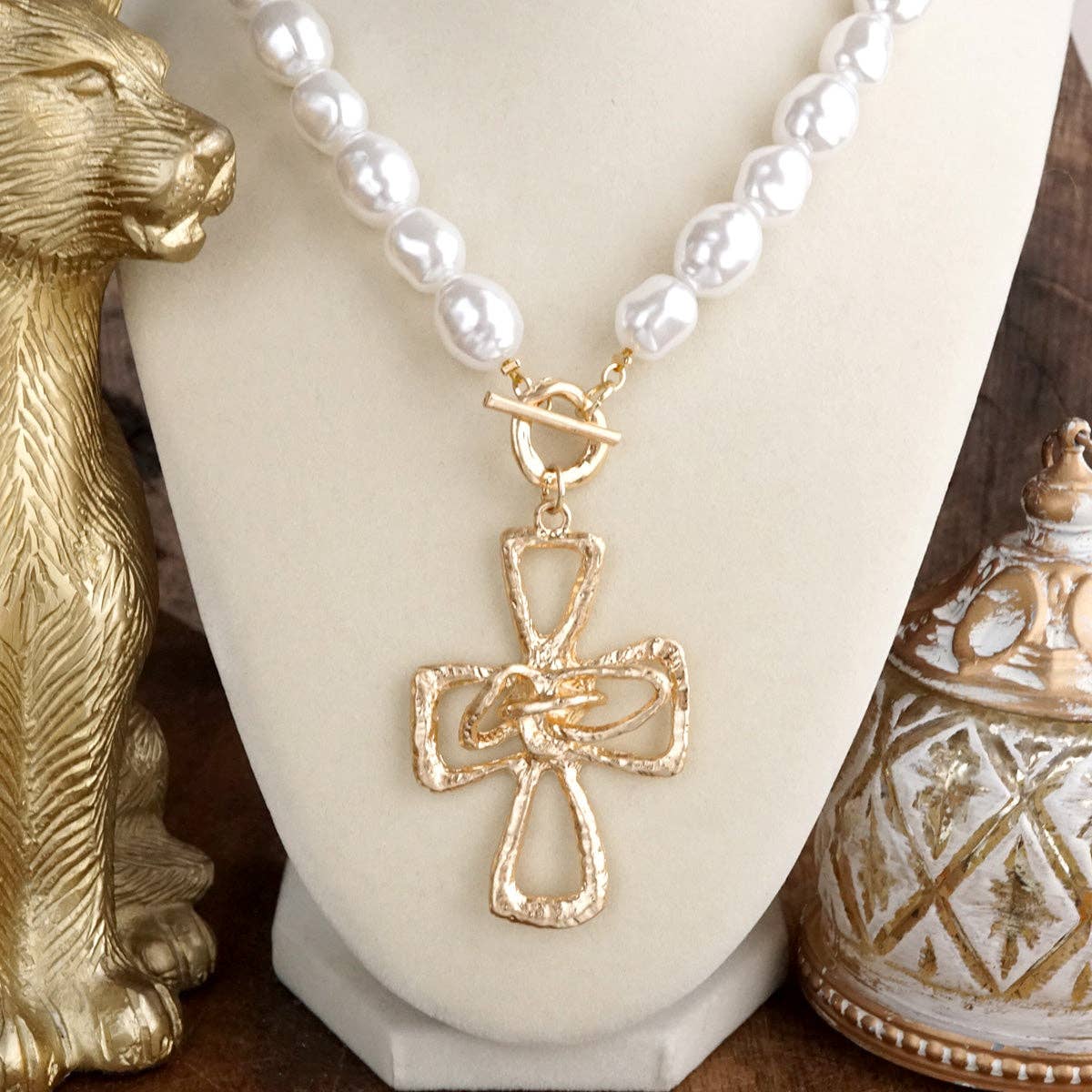 Pearl Cross Necklace – Gold tone - Wrapped Grace