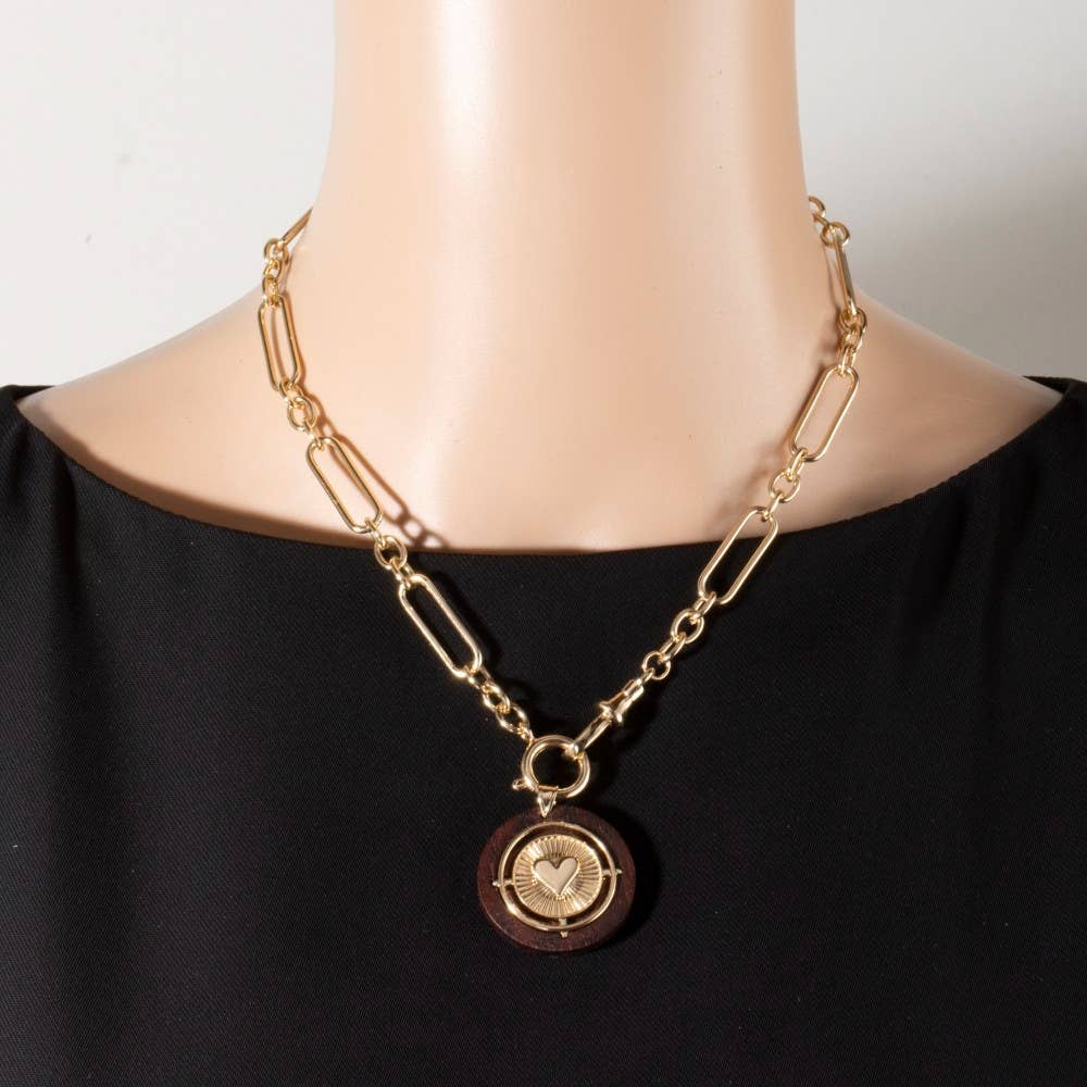 Paperclip Chain Wood Heart Coin Necklace