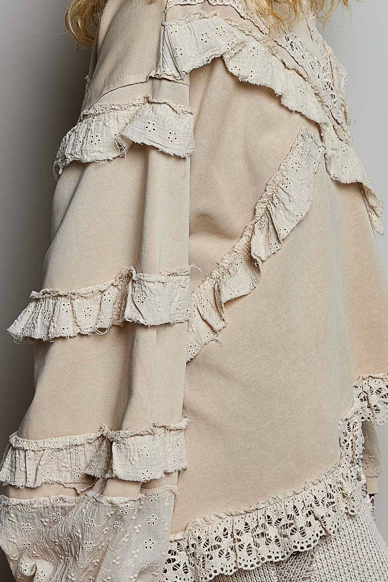 POL French Terry Eyelet Ruffle Vintage Washing Solid Knit Top