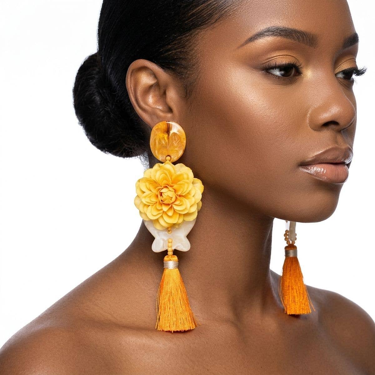 Yellow Oversized Flower Butterfly Tassel Earrings