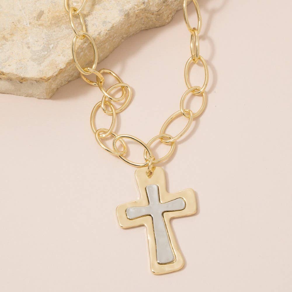 Flat Hammered Cross Pendant Necklace