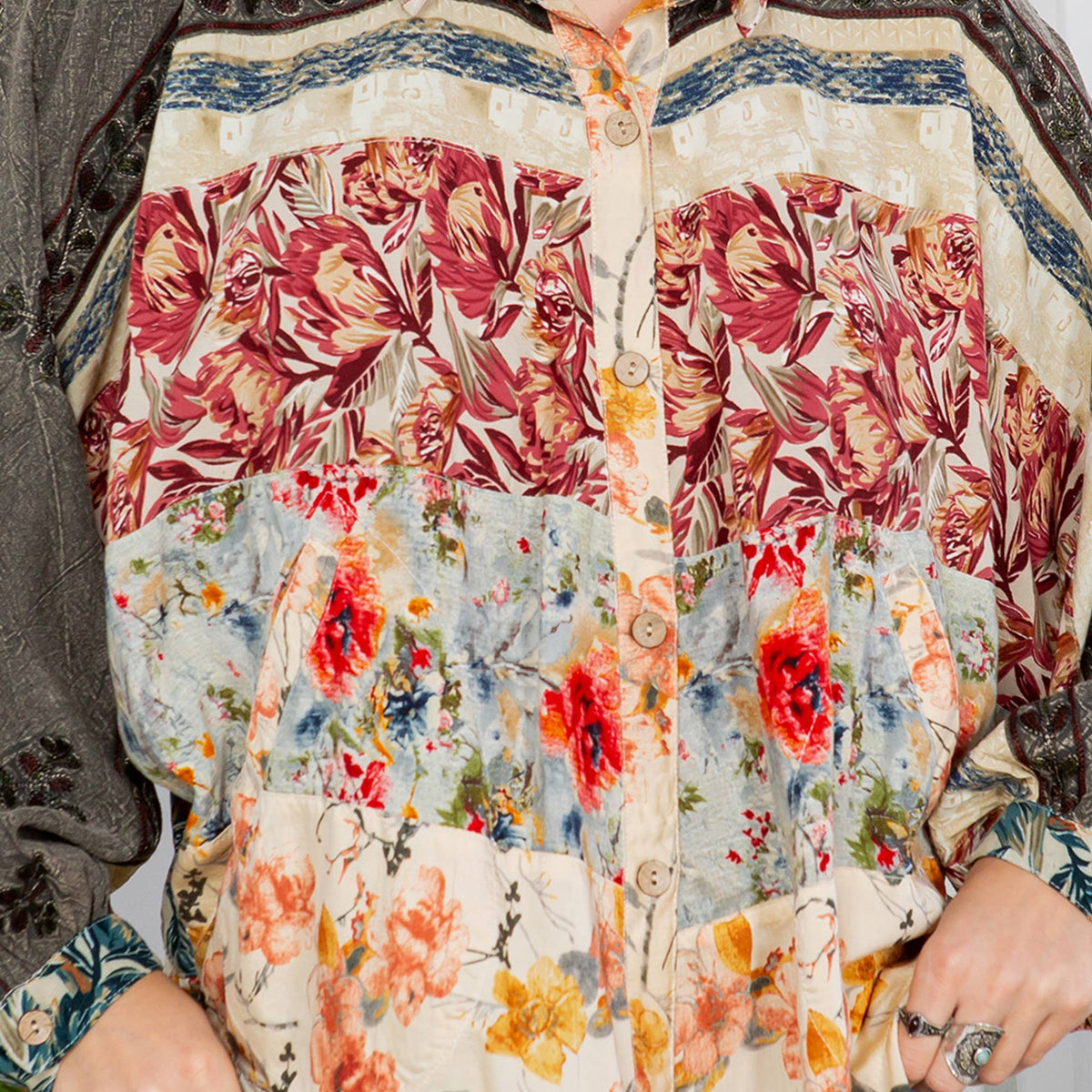 Elegant floral embroidered blouse for women with balloon sleeves and button details.