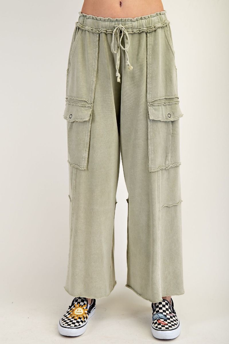 EASEL Washed Wide Leg Terry Cargo Pants