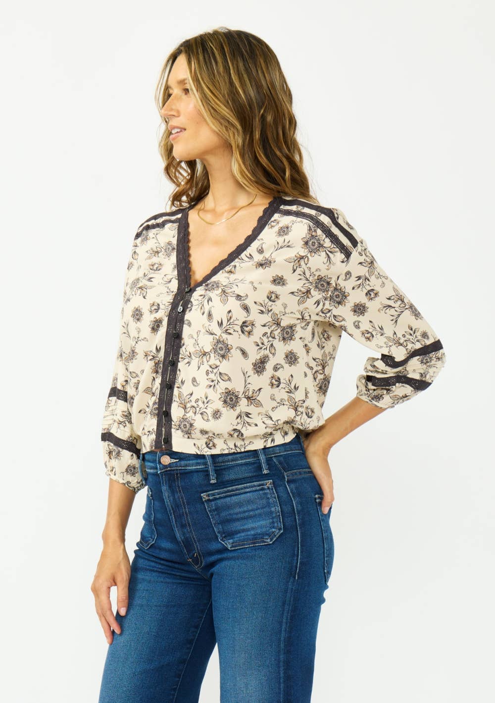 Maren Lace Trim Button-Front Top