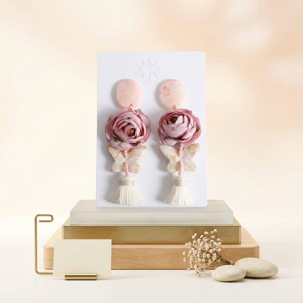 Pink Oversized Flower Butterfly Tassel Earrings