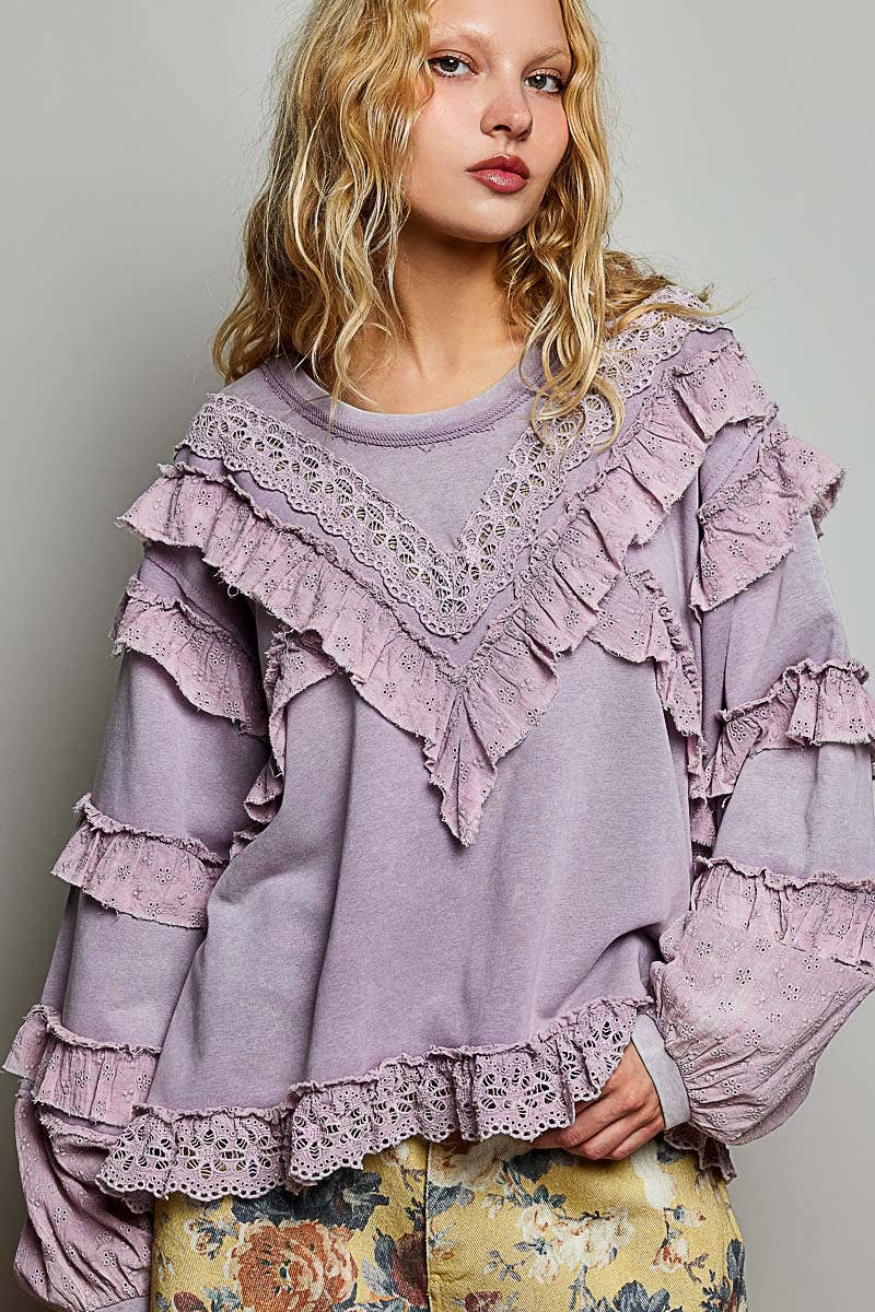 POL French Terry Eyelet Ruffle Vintage Washing Solid Knit Top