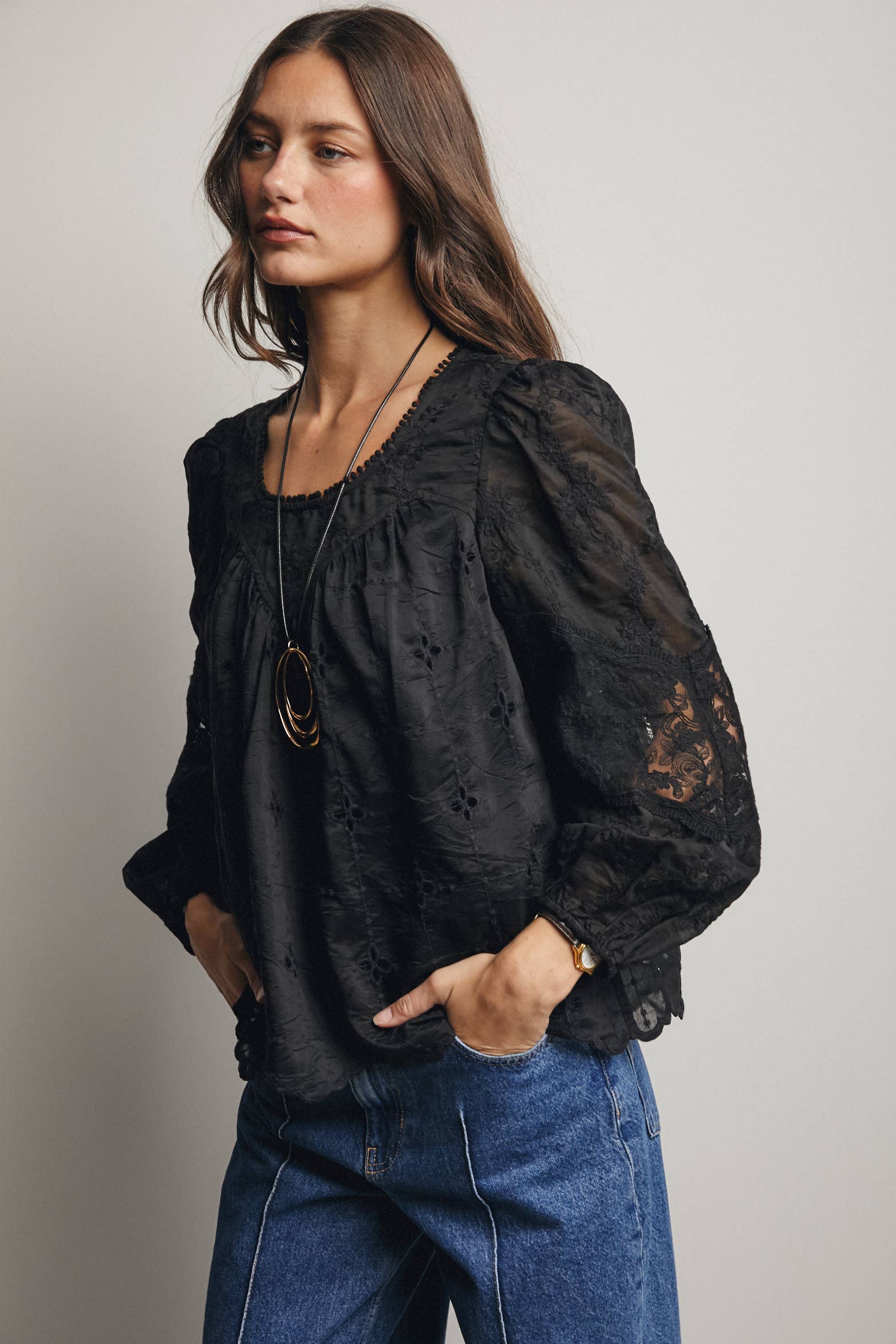 Embroidered Lace Puff Sleeve Blouse