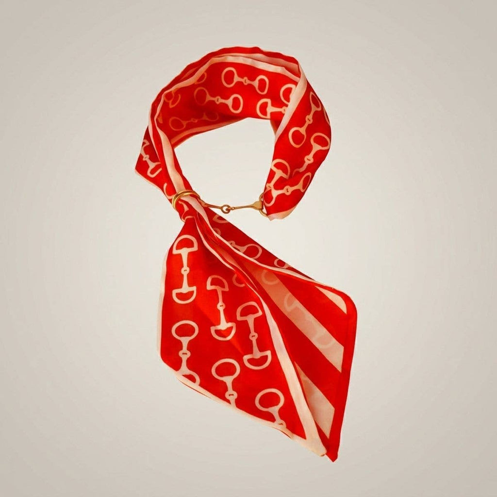 Horsebit Red White Print Silky Scarf Necklace