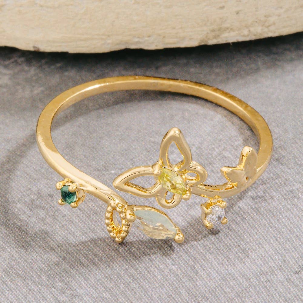 Gold Dipped Cz Leaf And Butterfly Open Ring