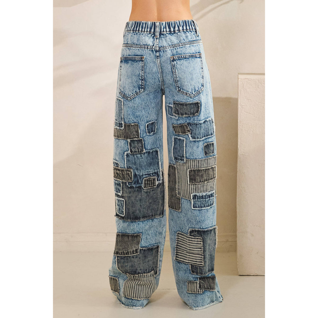MULTI COLOR SQUARE PATCHWORK STRAIGHT JEANS