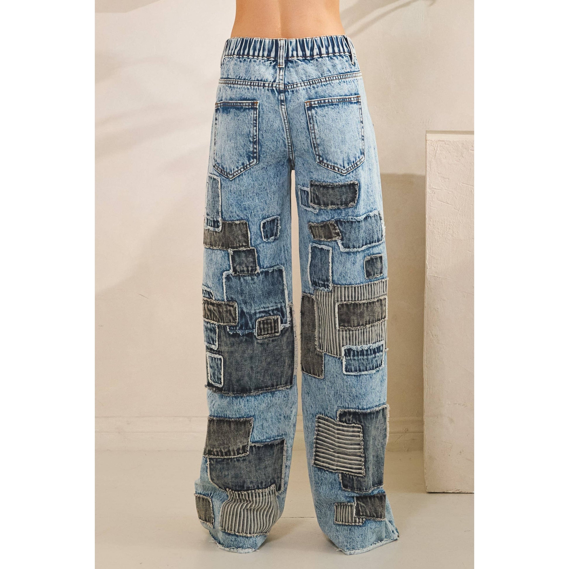 MULTI COLOR SQUARE PATCHWORK STRAIGHT JEANS