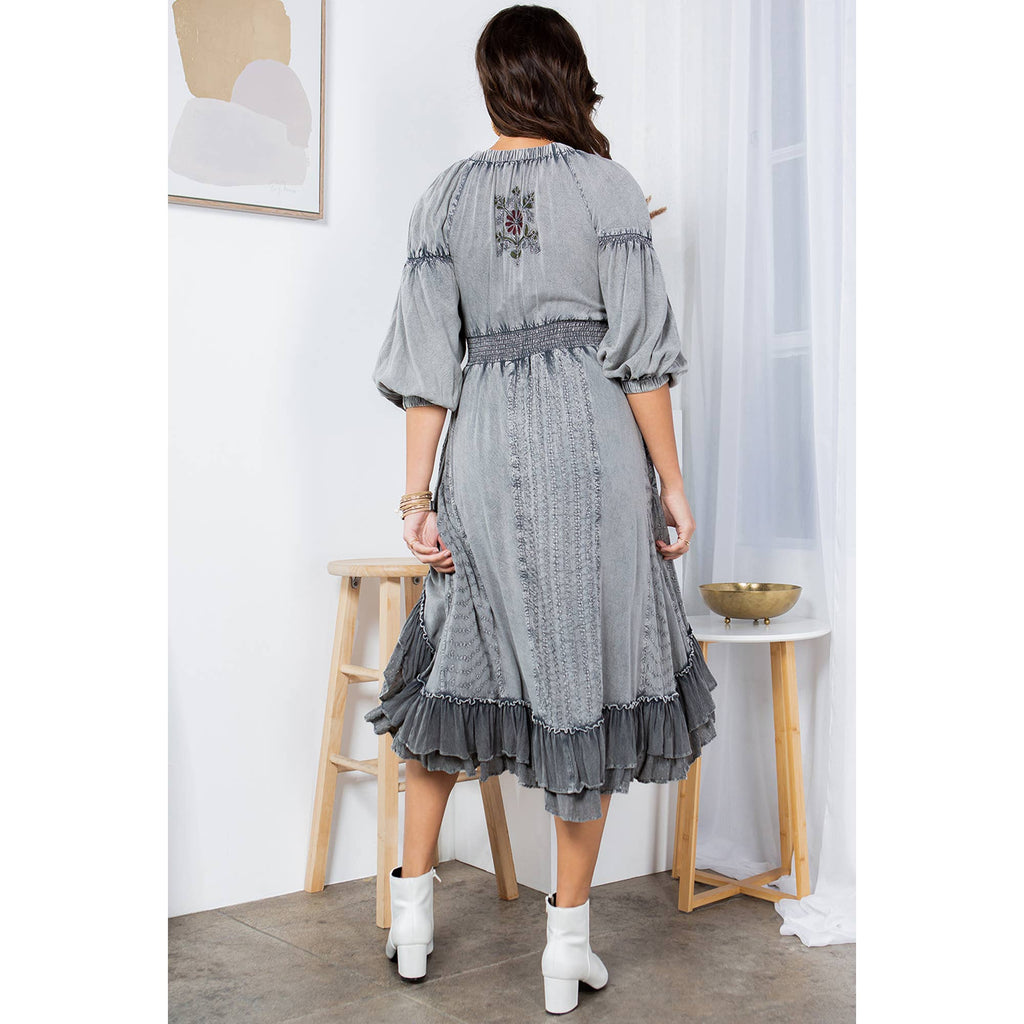 Mid-Length Sheared & Elasticated V-Neck Dress