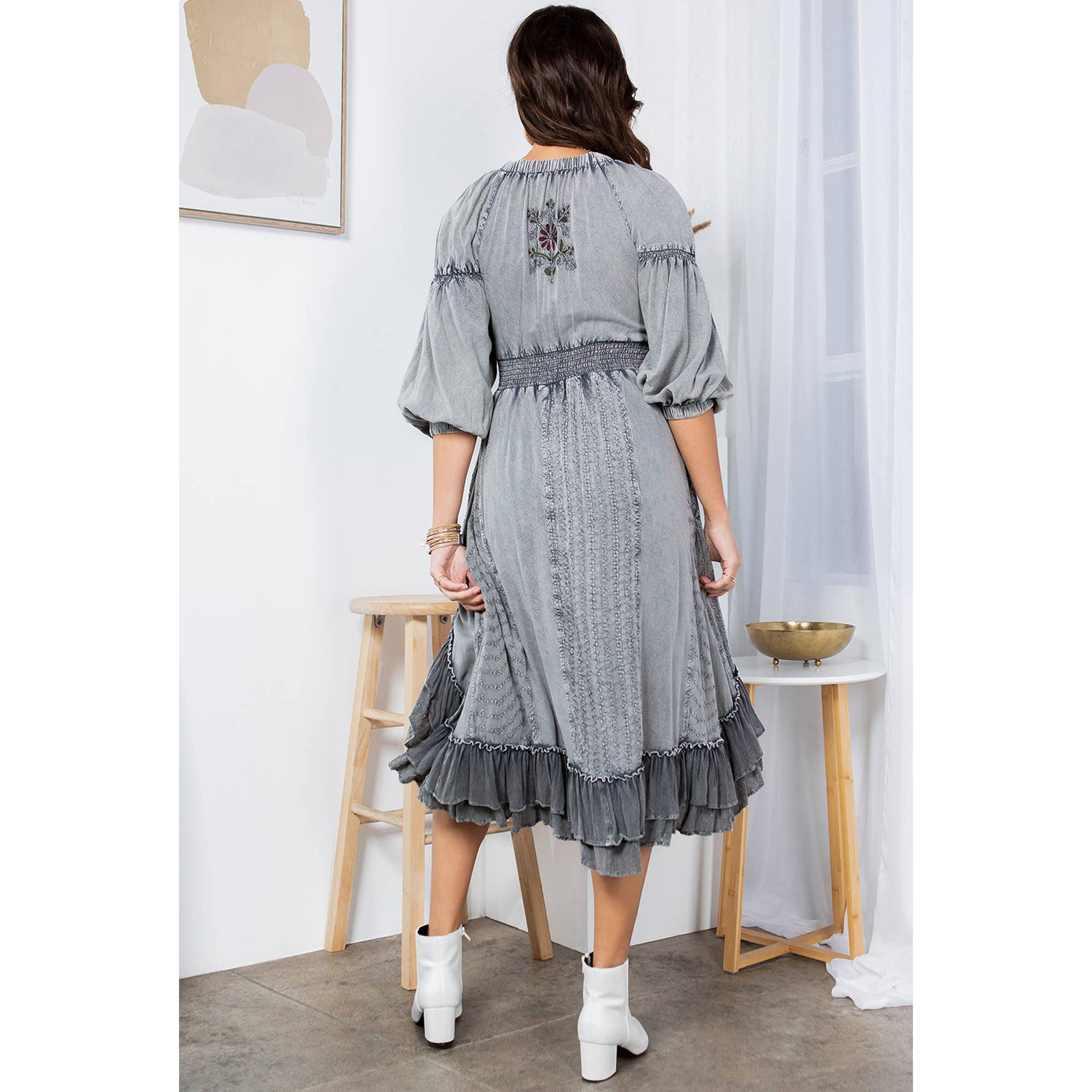 Mid-Length Sheared & Elasticated V-Neck Dress