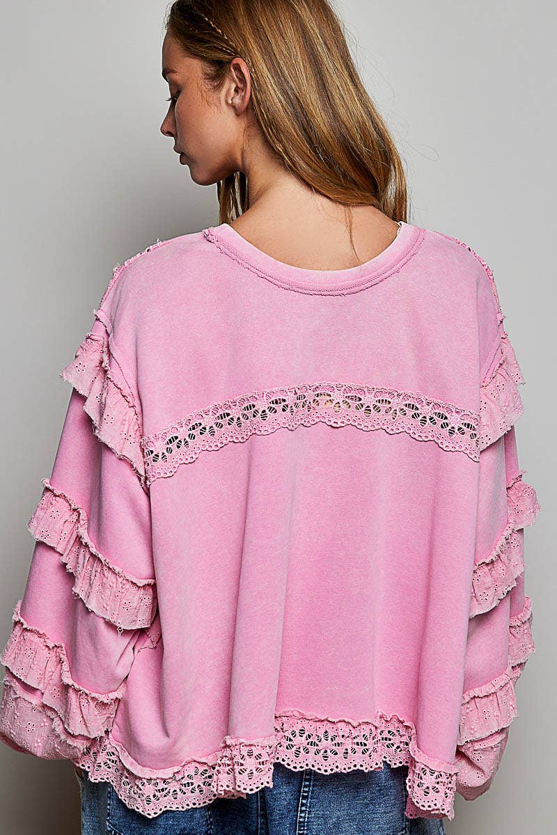 POL French Terry Eyelet Ruffle Vintage Washing Solid Knit Top