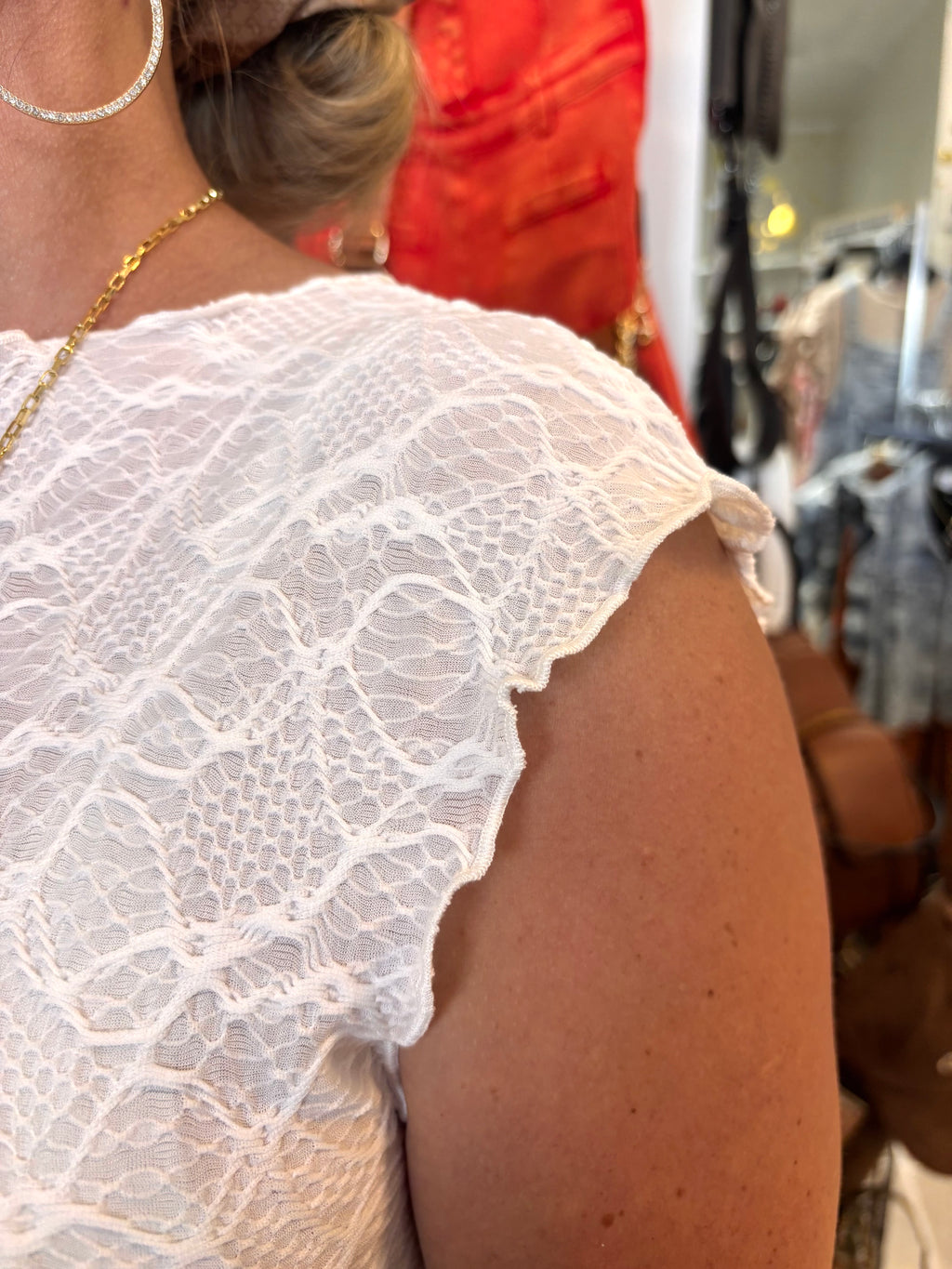 Jenna Lace Lettuce Edge Top in White