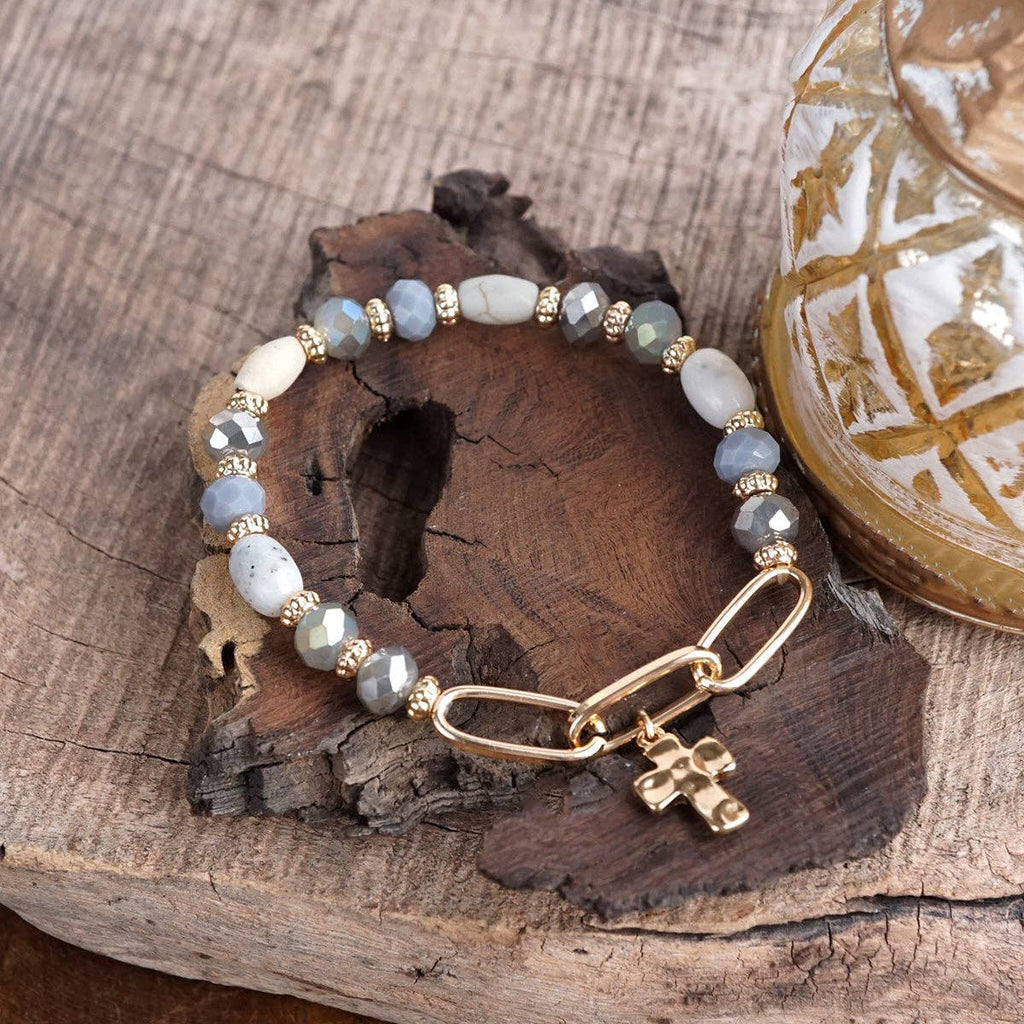 Beaded Cross Charm and Chain Bracelet - Azure Faith