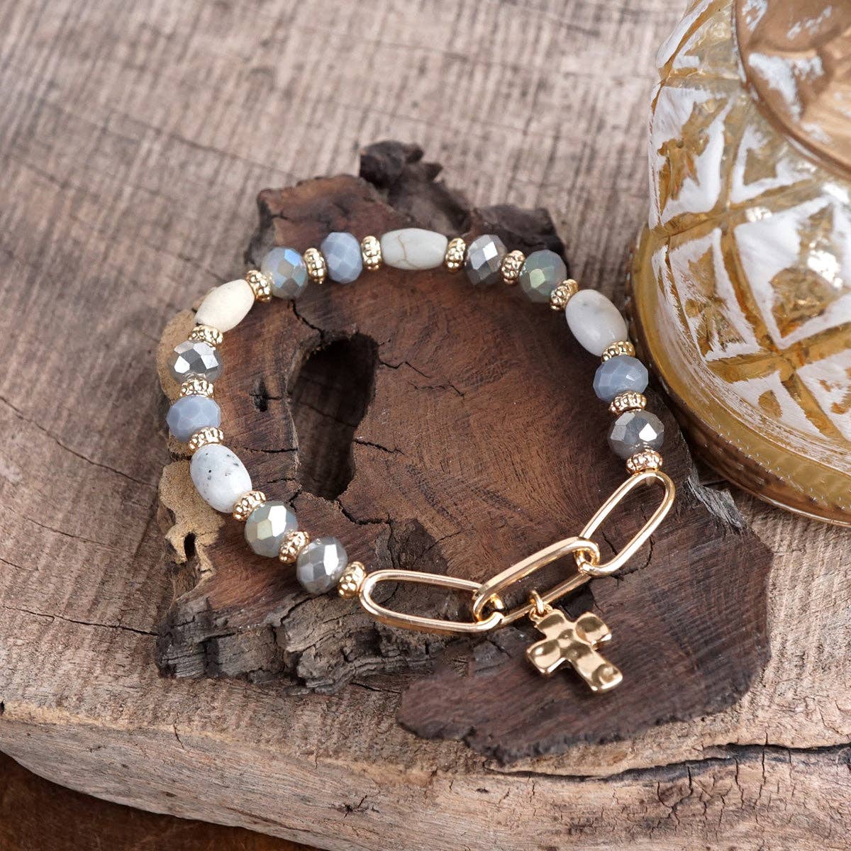 Beaded Cross Charm and Chain Bracelet - Azure Faith