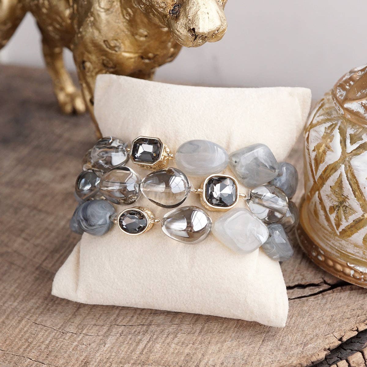 Smoky Radiance – Sculpted Bead & Crystal Stretch Bracelet Set