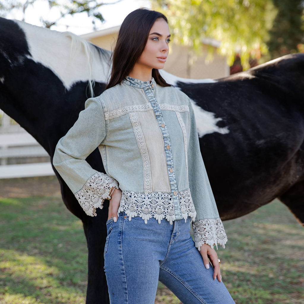 Boho Denim And Lace  Button-Down Top