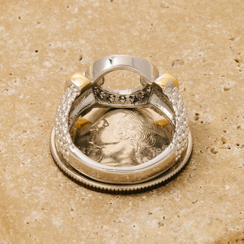 Gold Plated Two Tone Cz Pave Circle Signet Band Ring