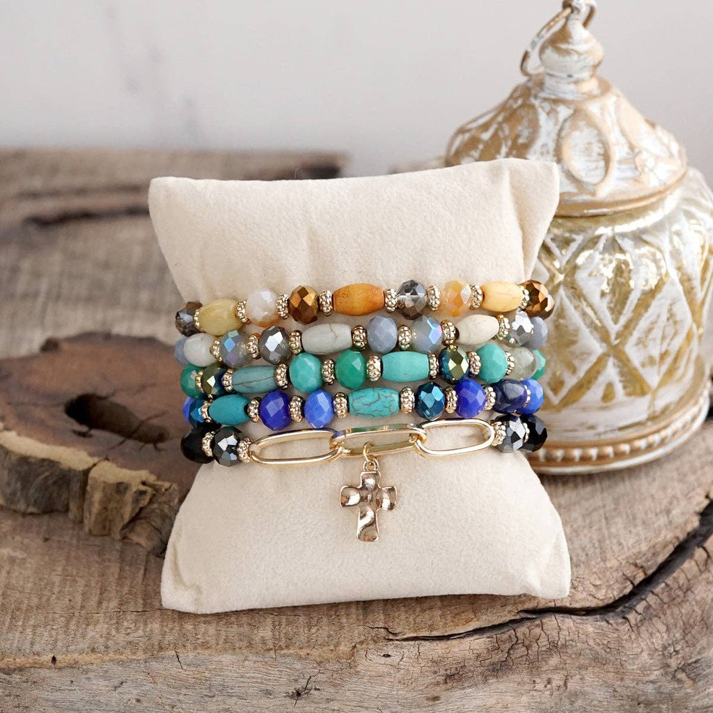 Beaded Cross Charm and Chain Bracelet - Azure Faith
